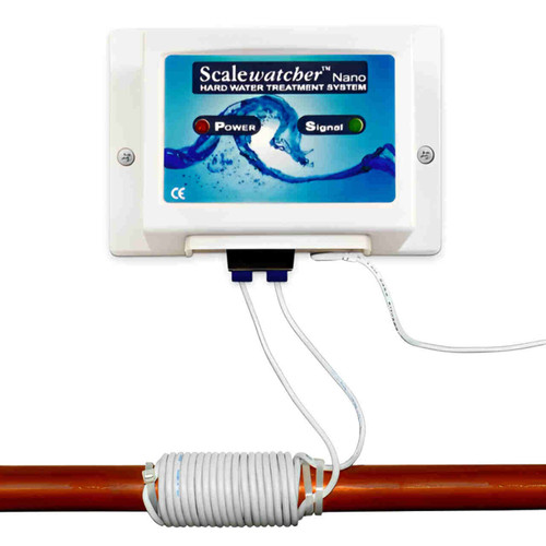 Image shows our patented Scalewatcher Nano, connected to your plumbing, dealing with your hard water issues without pesky salt.