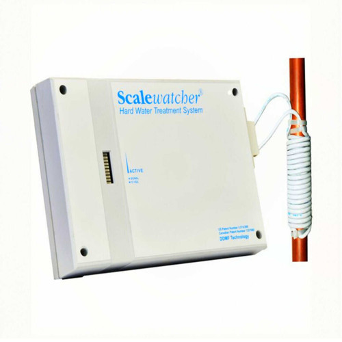 Image shows our patented Scalewatcher 3 Star, connected to your plumbing, dealing with your hard water issues without pesky salt.
