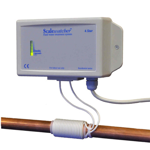 Image shows our patented Scalewatcher 4 Star, connected to your plumbing, dealing with your hard water issues without pesky salt.