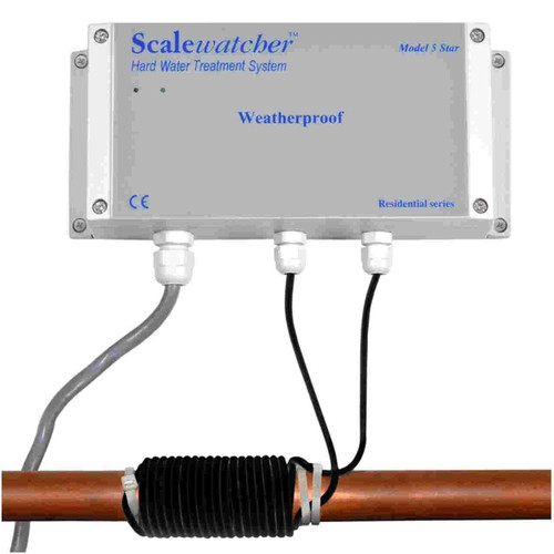 Image shows our patented Scalewatcher 5 Star, connected to your plumbing, dealing with your hard water issues without pesky salt.