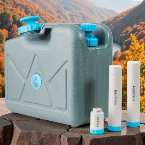 As pictured in the Berkshires, our HydroBlu HB-JC-VUF-02 Pressurized Jerry Can Camping Water Filter Virus Free Package Water Purifier System, an integrated water filter for convenient hydration on the go.