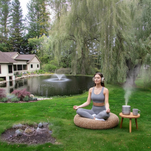 Relaxing near a pond with our Scott Aerator DA-20 pond  fountain and a  house in the distance.