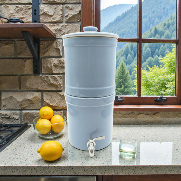 Our AquaCera Terra2 stoneware Gravity Water Filter dispenser on a stone countertop, with a stone wall in the background. To the left, slightly behind the dispenser, is a water carafe with lemons. To the right background is the kitchen window showing a verdant mountain valley view.