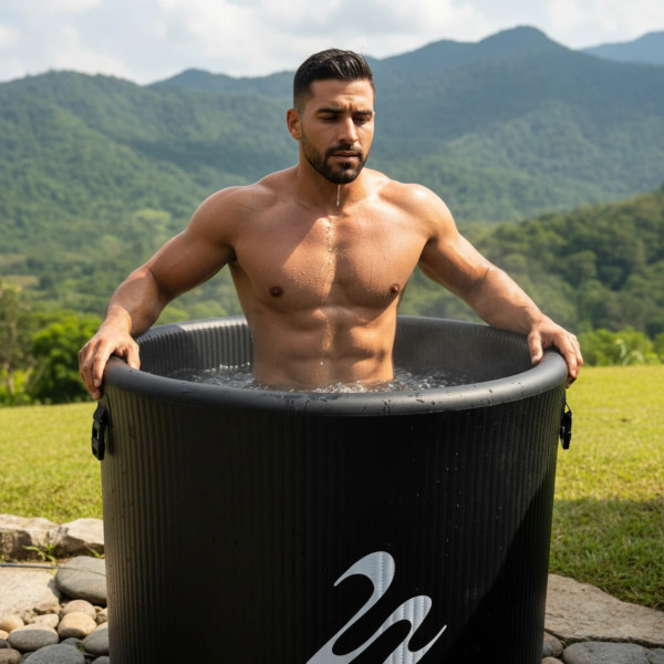 A man practice his cold plunge therapy in our HUHT cold plunge tub. A simple outdoor routine, calm authority.