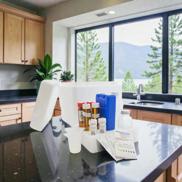 As pictured, our WaterCheck CityCheck Deluxe Lab Test Kit Premium 115 Contaminant Lab Analysis With Pesticides, Herbicides And PCBs, on a black stone countertop, next to a sink, with a stone wall in the background. The background is the kitchen window showing a vibrant mountain river valley view.