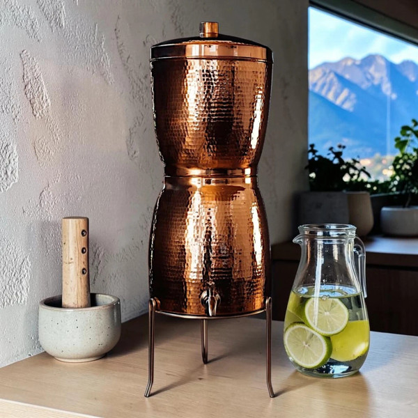 Our Sertodo Sana Vida Ayurvedic Copper Gravity Water Filter Essentials Kit in a mountain inspired kitchen.
