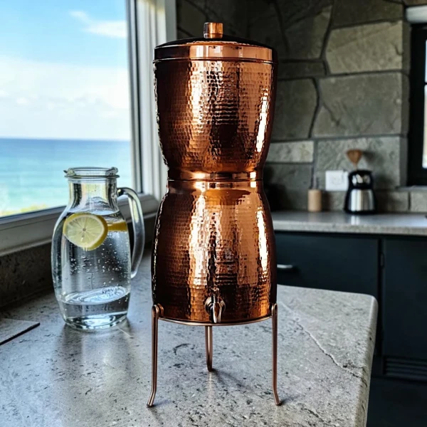 Our Sertodo Sana Vida Ayurvedic Copper Gravity Water Filter Family Kit in a ocean inspired kitchen.