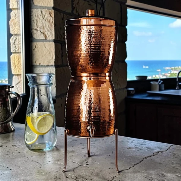 Our Sertodo Sana Vida Ayurvedic Copper Gravity Water Filter Premeir Kit in a ocean inspired kitchen.