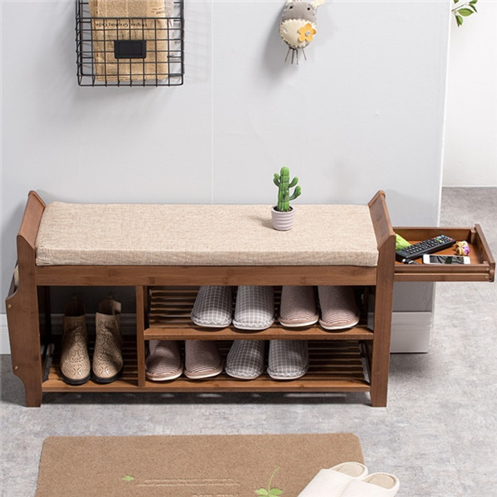 Natural Bamboo Shoe Storage Rack Bench with 2-Tier Cushion Seat Living Room