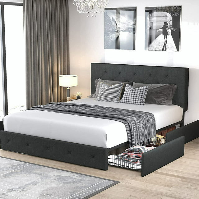 Eastvita Full Bed Platform with Headboard and 4 Storage Drawers, No Spring Needed