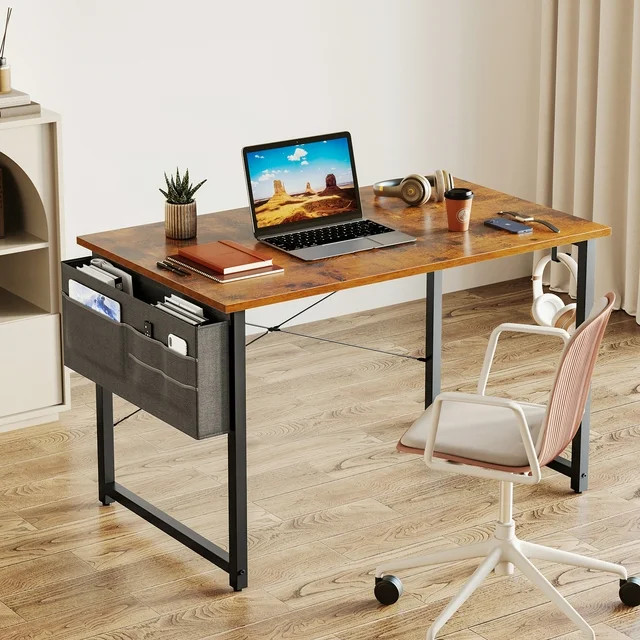 40" Computer Writing Desk: Sturdy, with Storage Bag, Headphone Hook, Vintage Style