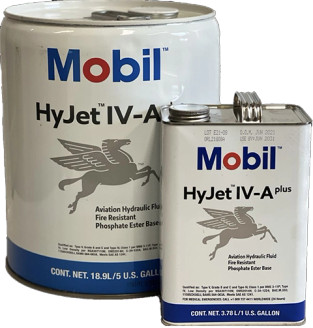Mobil Hyjet IV five gallon and one gallon hydraulic fluid cans