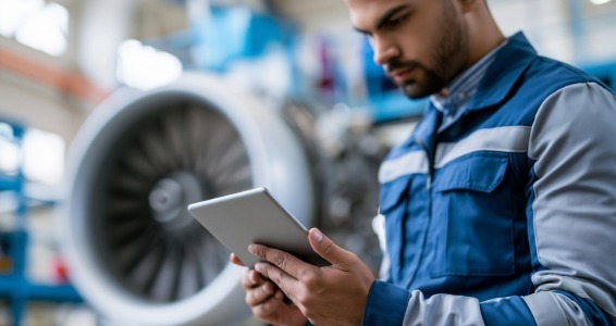 aircraft maintenance technician looking at electronic tablet