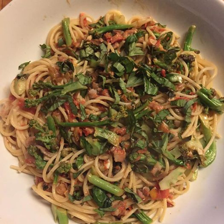 Spaghettoni with hot coppa and tomatoes, broccoli, and basil from my garden Spaghettoni with hot coppa and tomatoes, broccoli, and basil from my garden