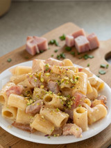 Mezze Maniche with pistachio cream sauce & guanciale