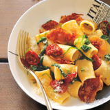 Mezze Maniche with guanciale and spinach