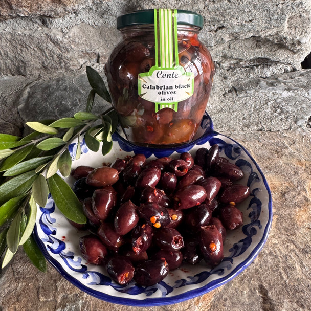 Calabrian Black Olives with hot chili peppers in oil - pitted
