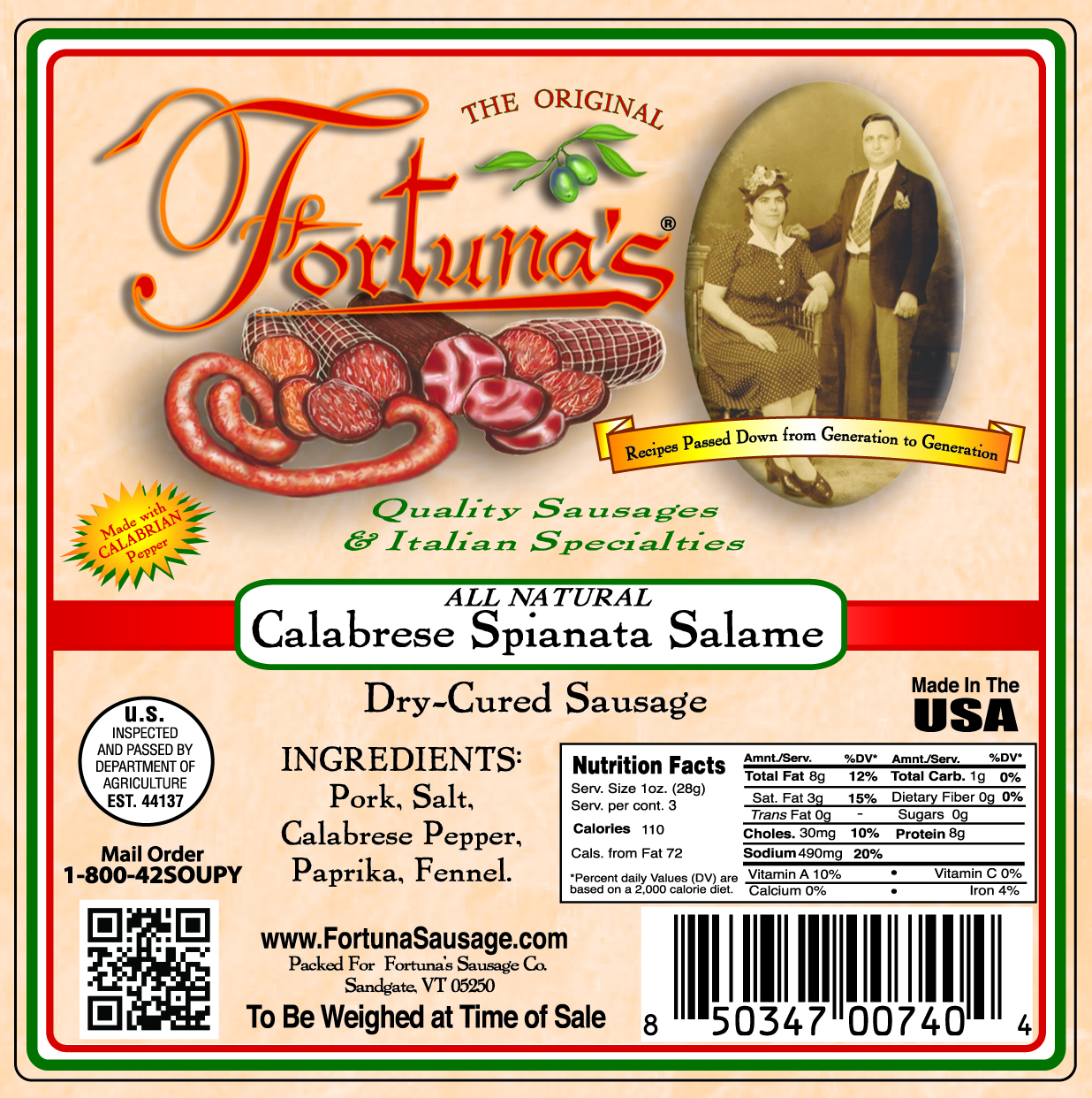 Spianata Piccante Calabrese Salumi - Fortuna's Sausage & Online Market