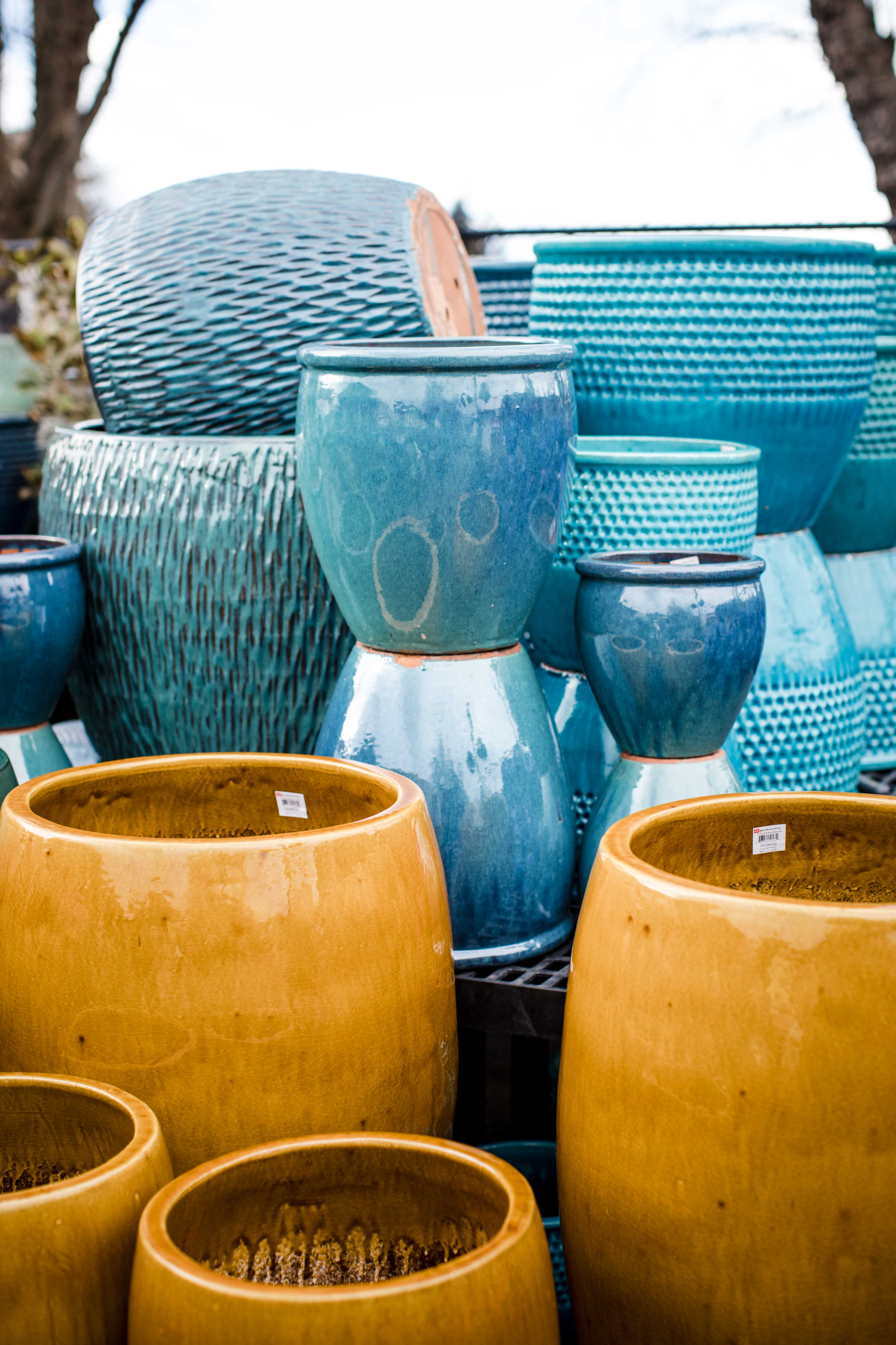 Huge outdoor pottery selection, pottery, glazed pots, glazed pottery, weather resistant, temperature resistant pottery