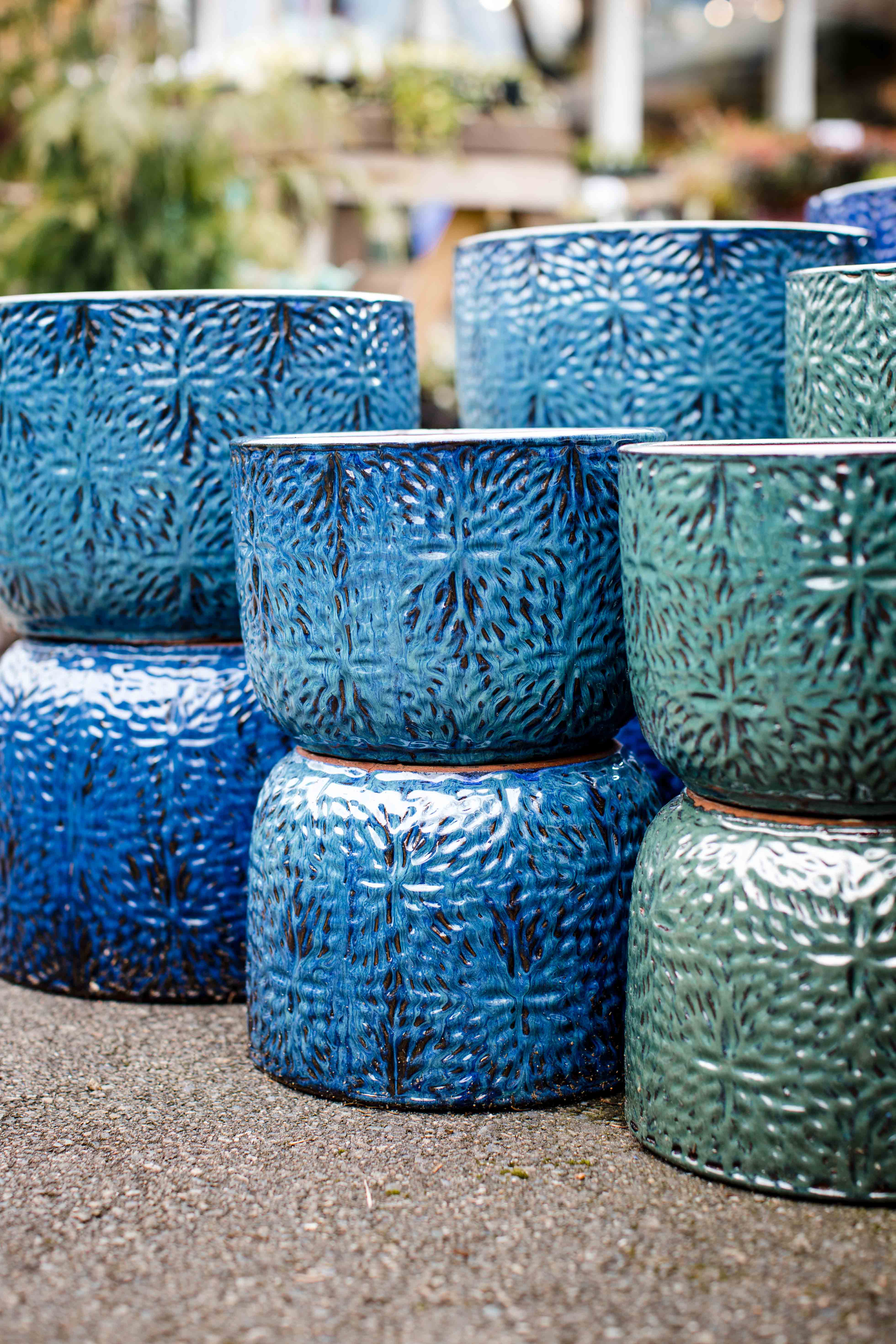 Blue and green pottery, planters at the Magnolia Garden Center, Textured planters, potted plants, potted plant, planters, container, potting soil