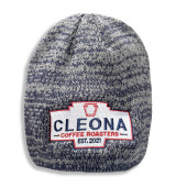 Cleona Coffee Roasters gray heather knit beanie with embroidered logo patch on the front