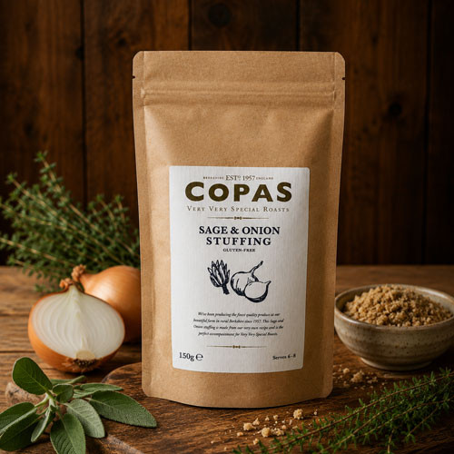A brown paper packet on a wooden chopping board containing Copas Sage and Onion Gluten Free Stuffing