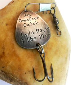 Fishing Lure "My Greatest Catch" Hand Stamped with baby birth stats