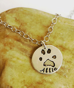 Actual Paw Print Necklace with Hand Stamped Name .999 Fine Silver
