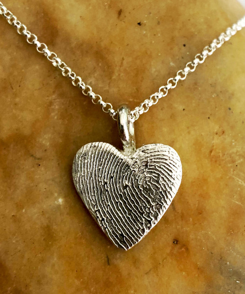 Small Heart Fingerprint Necklace Polished .999 Fine Silver