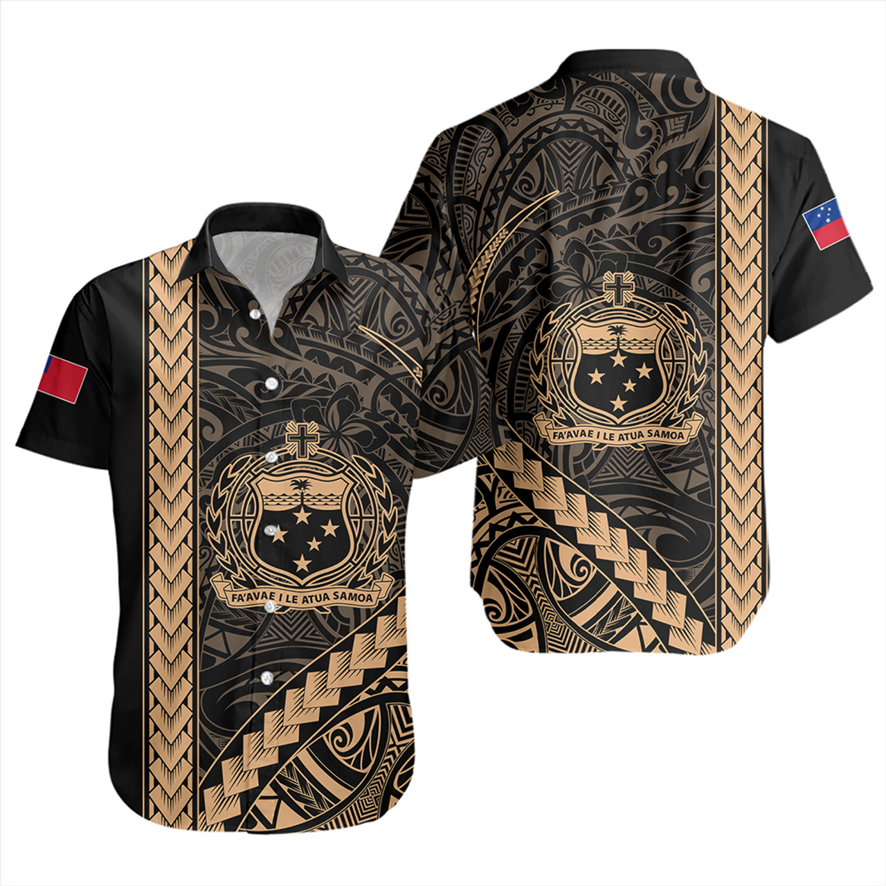 Samoa T-Shirt - Samoa Coat Of Arms With Polynesian Tribal Pattern Gold