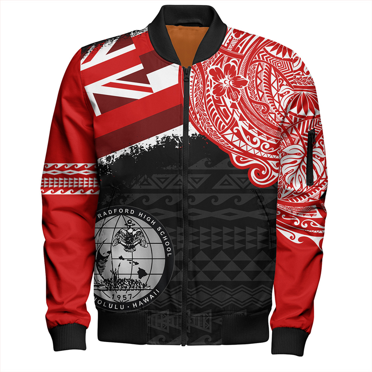 Red and Gold Bandana Bomber Jacket | The Bandana Blanket Company Men's Bomber Jacket - Men's Red and Gold On Red Bandana Sleeved Bomber Jacket / 2XL