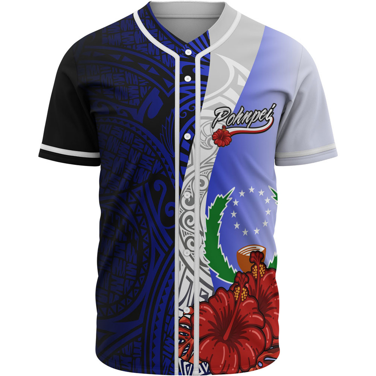 Pohnpei Polynesian Baseball Shirt - Coat Of Arm With Hibiscus Blue