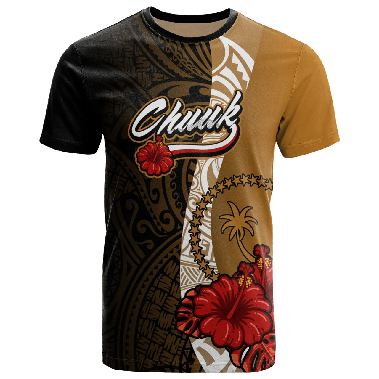 Chuuk Micronesia T-Shirt - Coat Of Arms With Hibiscus Gold 1