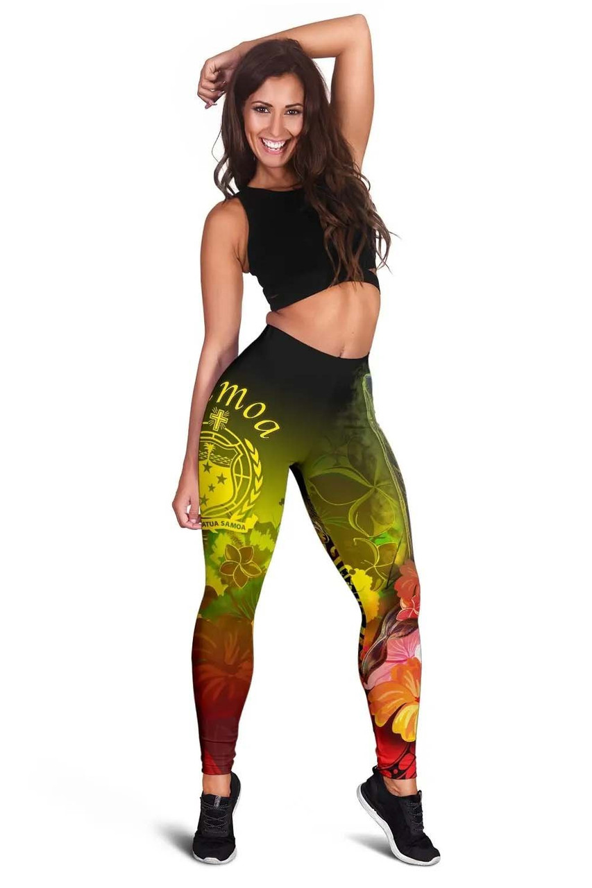 Samoa Legging- Humpback Whale with Tropical Flowers (Yellow) 3