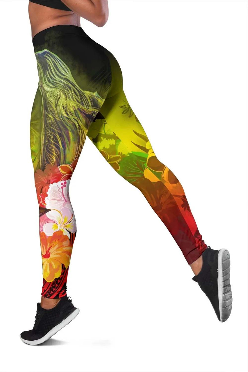 Samoa Legging- Humpback Whale with Tropical Flowers (Yellow) 4