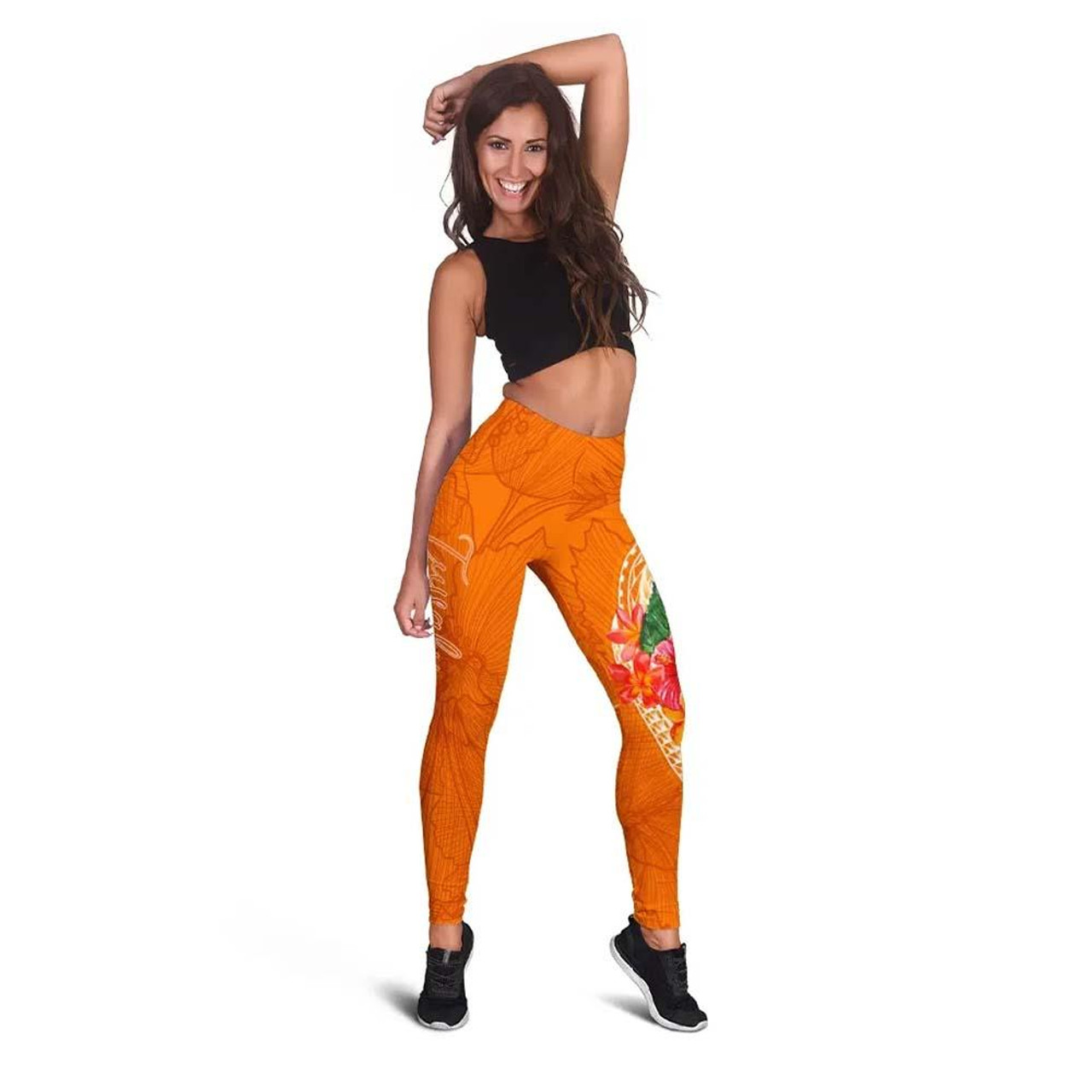 Tuvalu Polynesian Legging - Orange Floral With Seal 2