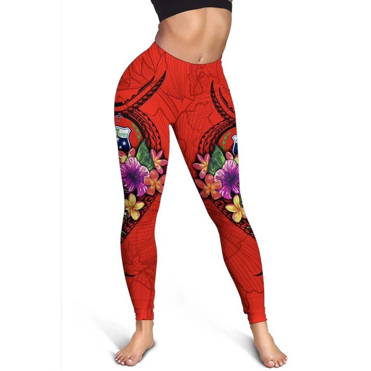 Samoa Polynesian Custom Personalised Legging - Floral With Seal Red 3
