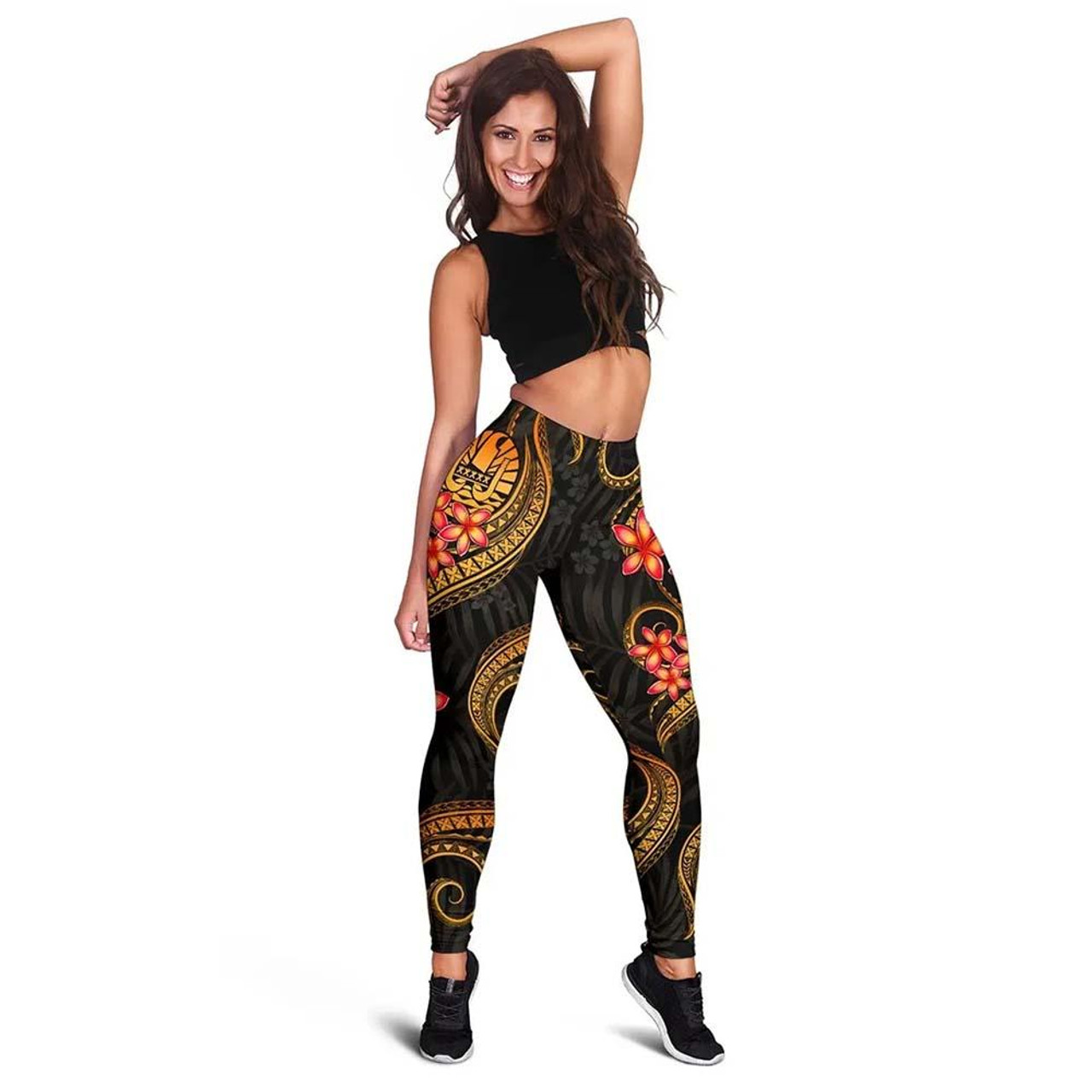 Tahiti Polynesian Women Legging - Gold Plumeria 1