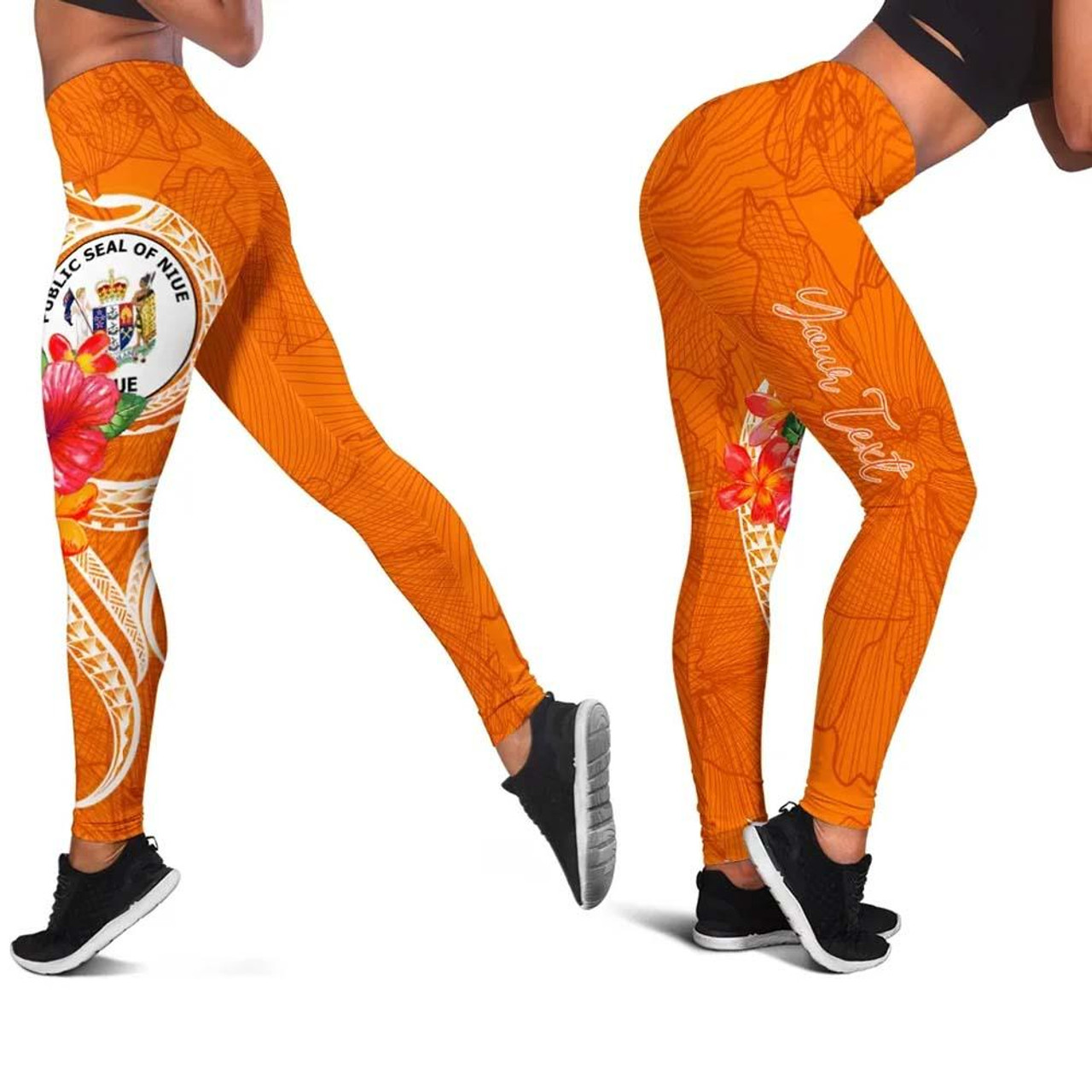 Niue Polynesian Custom Personalised Legging - Orange Floral With Seal 1