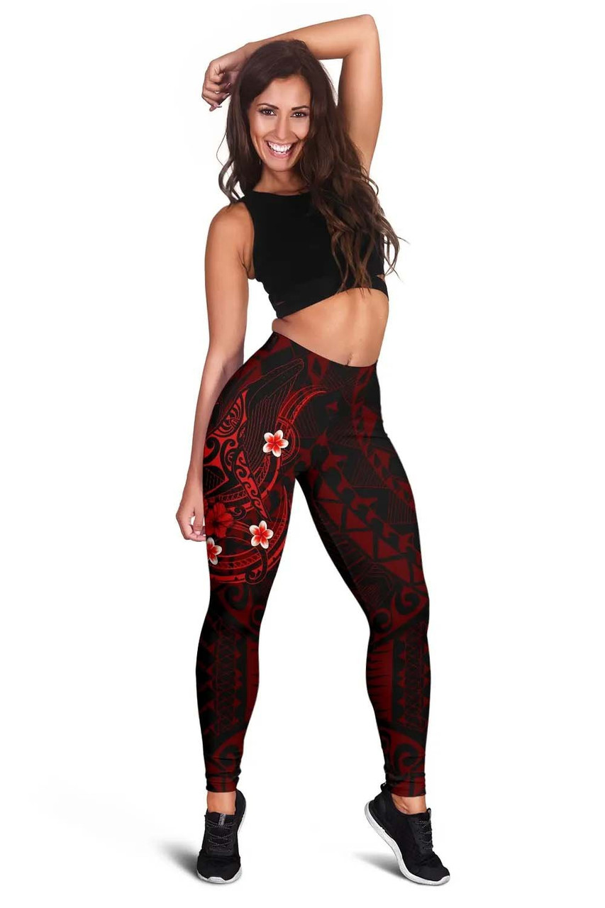 Polynesian Hawaii Legging - Humpback Whale with Hibiscus (Red) 2