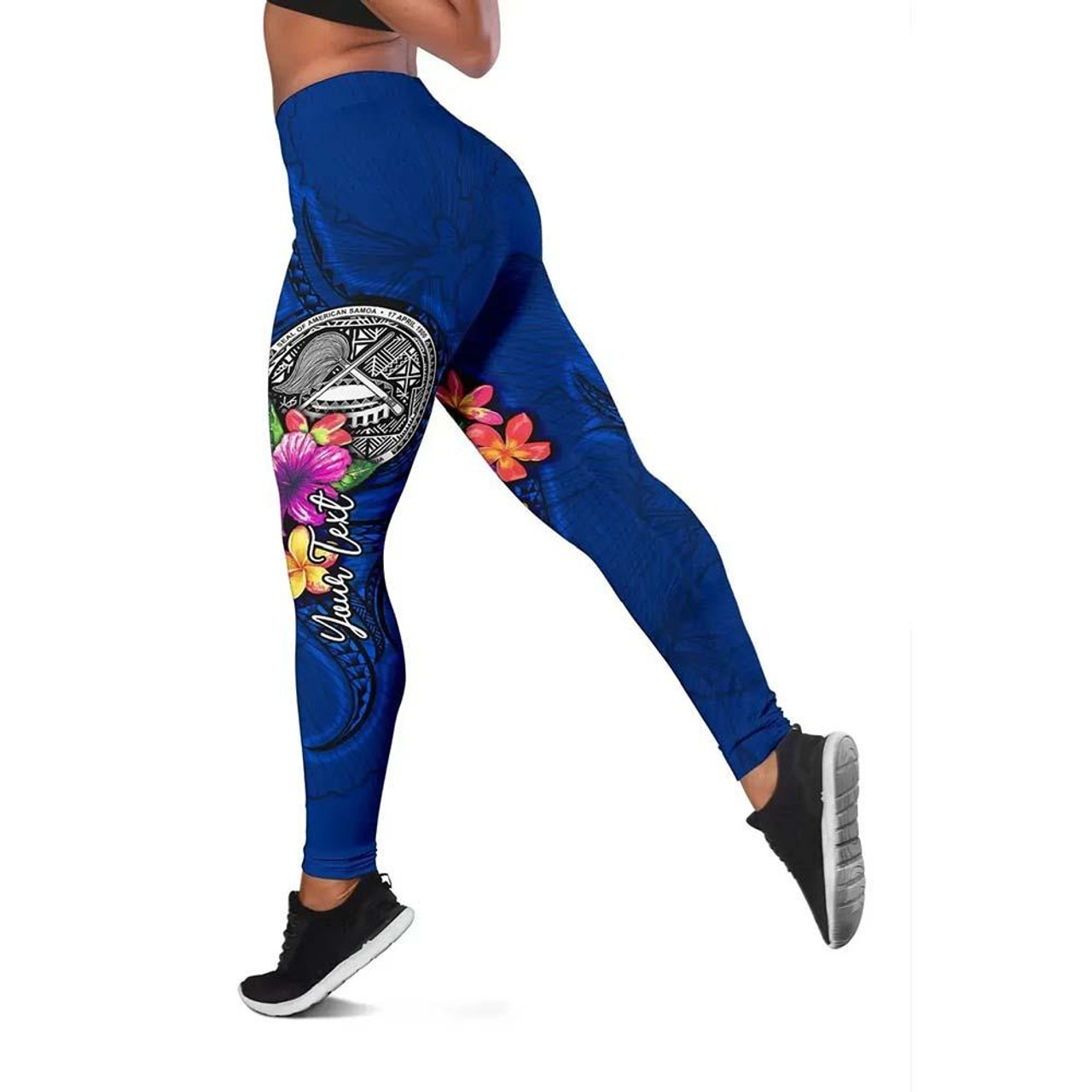 American Samoa Polynesian Custom Personalised Legging - Floral With Seal Blue 1