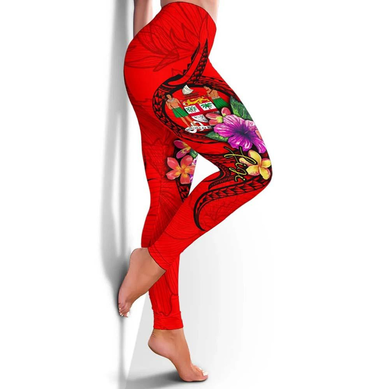 Fiji Polynesian Legging - Floral With Seal Red 2
