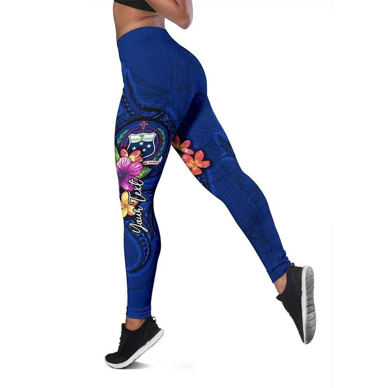 Samoa Polynesian Custom Personalised Legging - Floral With Seal Blue 1