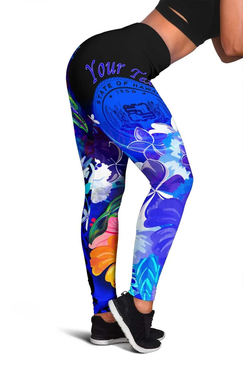 Polynesian Hawaii Custom Personalised Legging - Humpback Whale with Tropical Flowers (Blue) 2