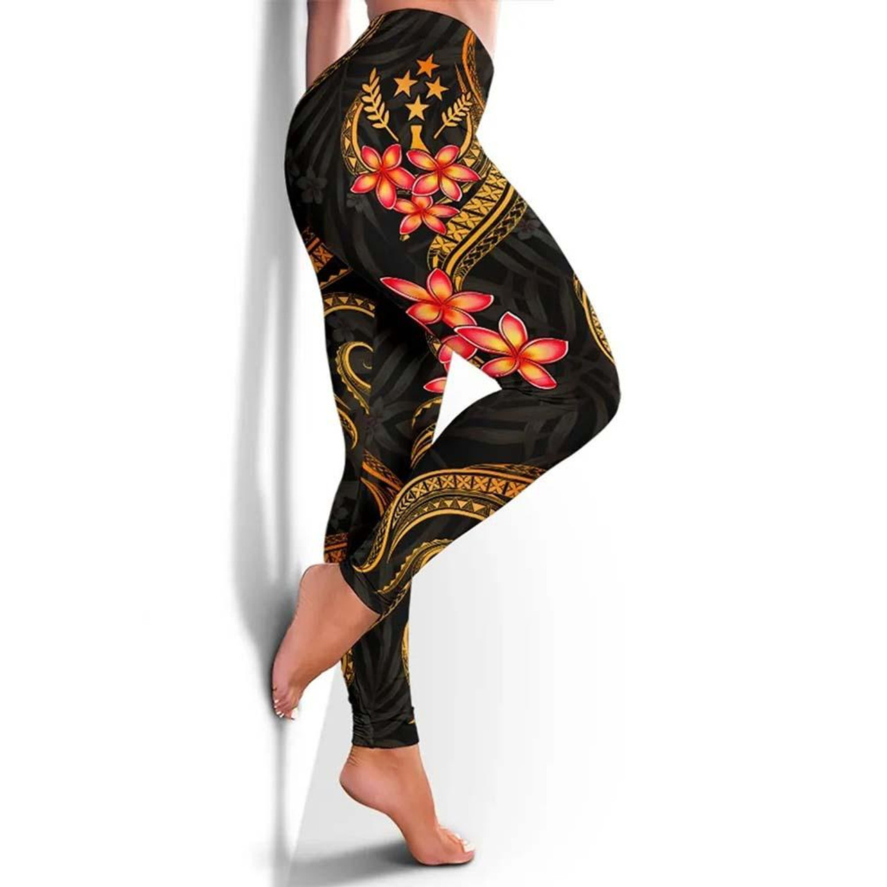 Kosrae Micronesian Women Legging - Gold Plumeria 2