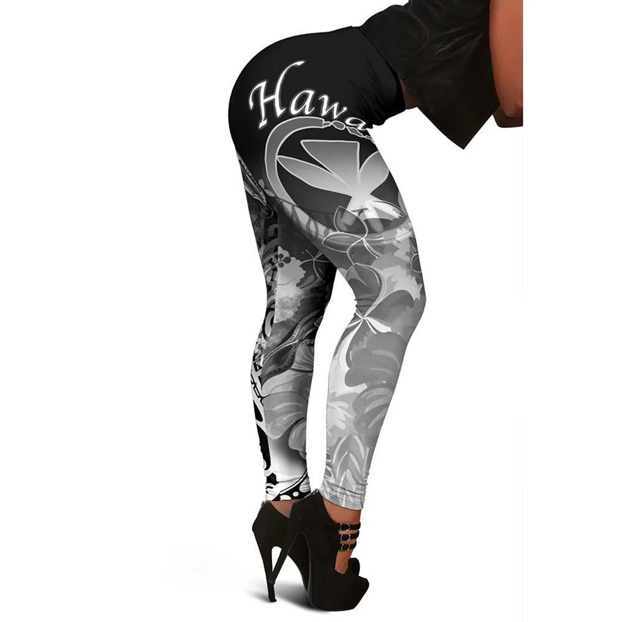 Polynesian Hawaii Legging - Kanaka Maoli Humpback Whale with Tropical Flowers (White) 1