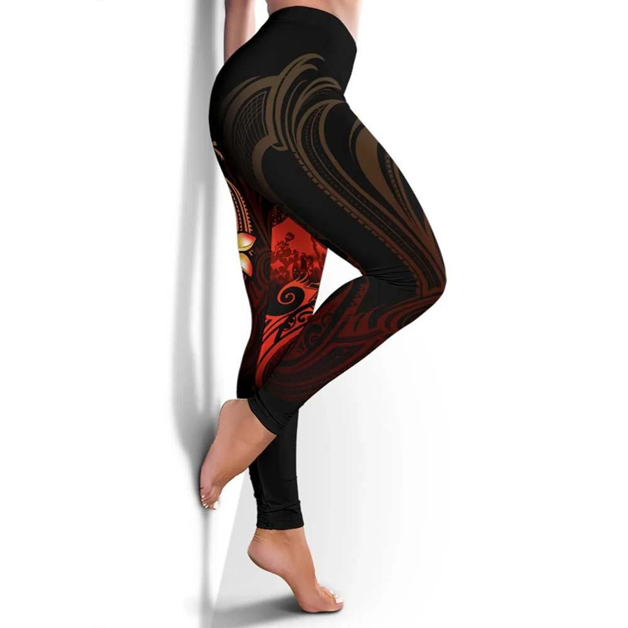 Tahiti Polynesian Legging - Plumeria Flowers And Waves 3