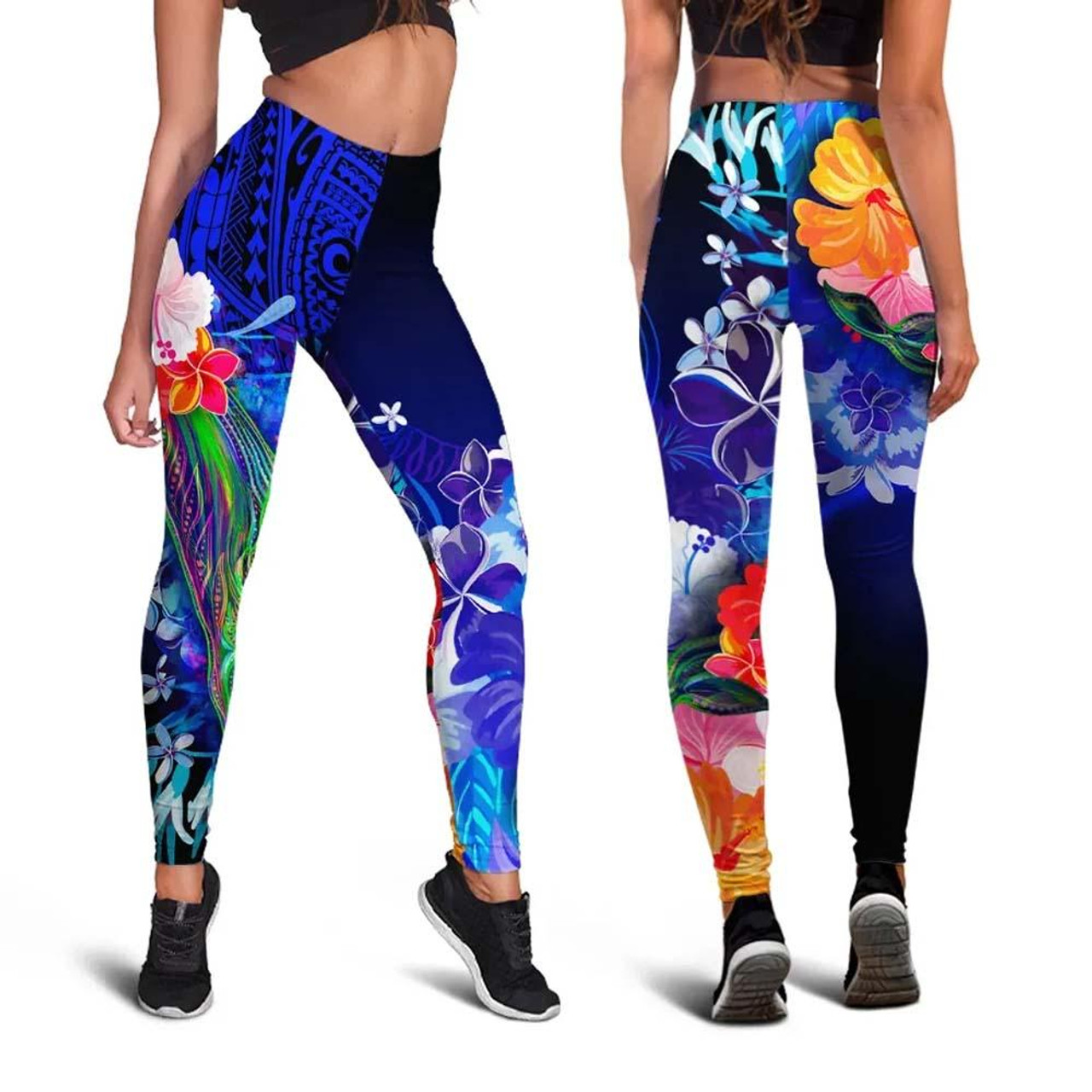 Guam Legging- Humpback Whale with Tropical Flowers (Blue)