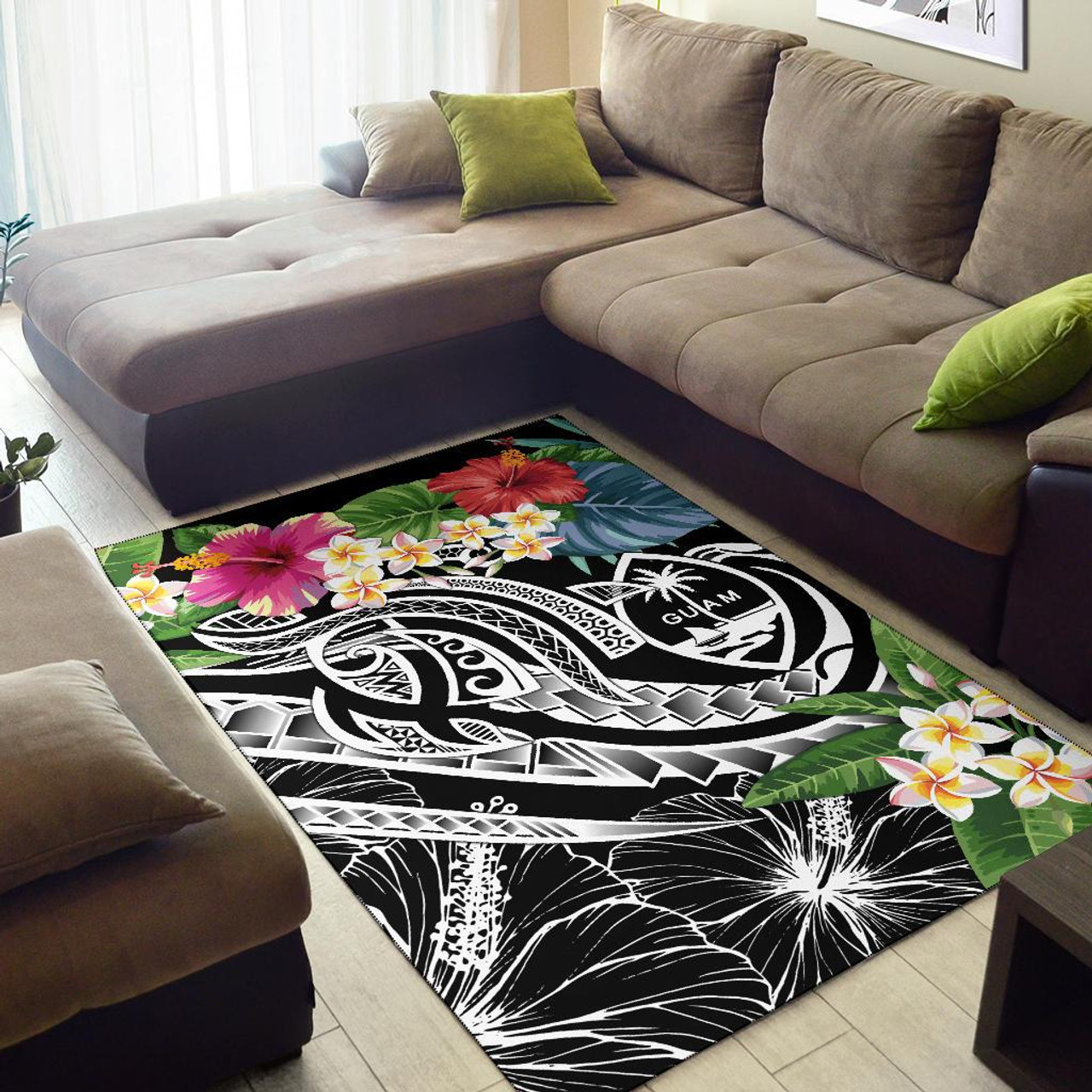 Guam Polynesian Area Rug - Summer Plumeria (Black)