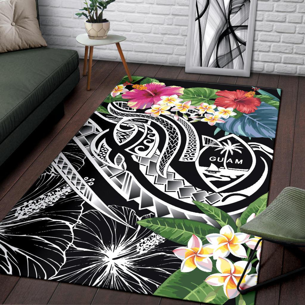 Guam Polynesian Area Rug - Summer Plumeria (Black)